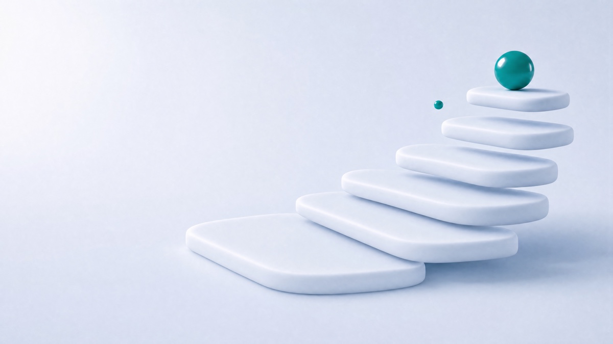Soft white terraces rising like steps toward a single glossy teal orb resting on the top step