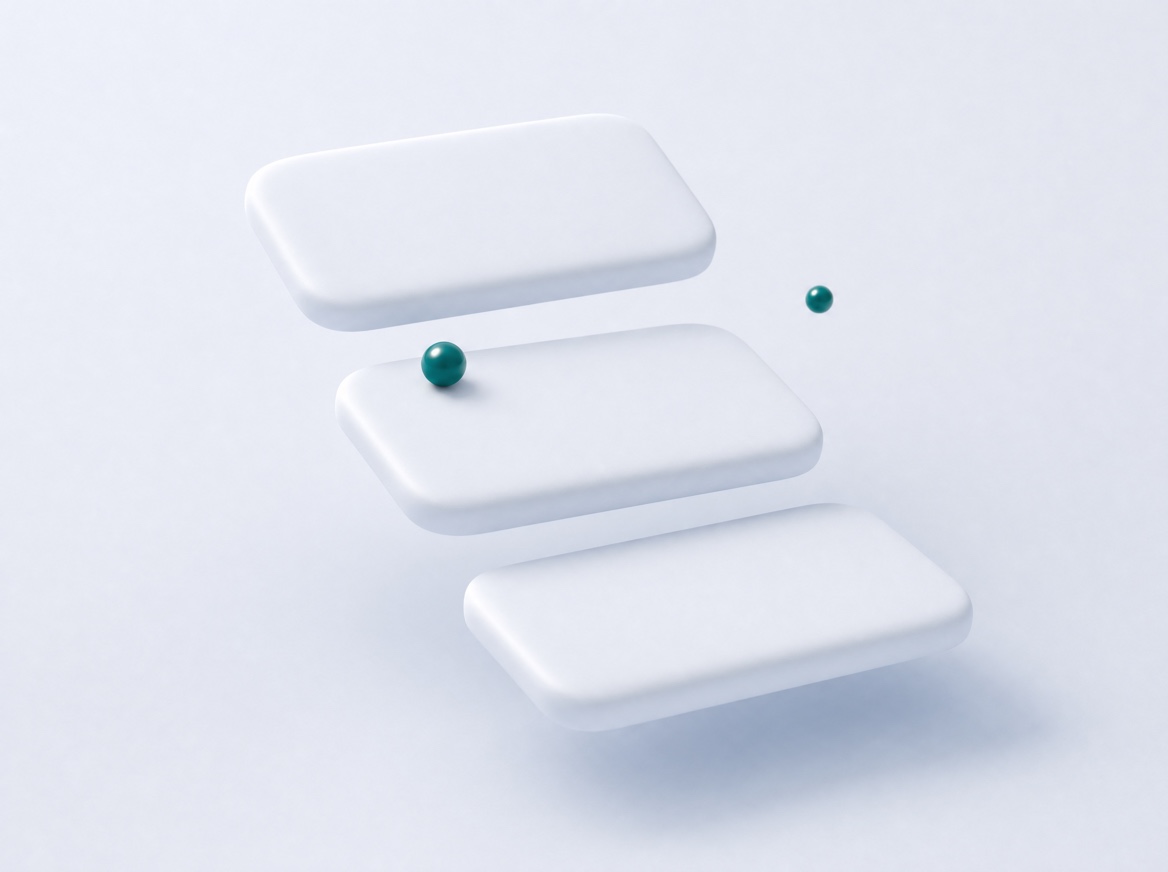Three soft white panels floating in a loose stack with two small teal orbs, like a conversation drifting upward