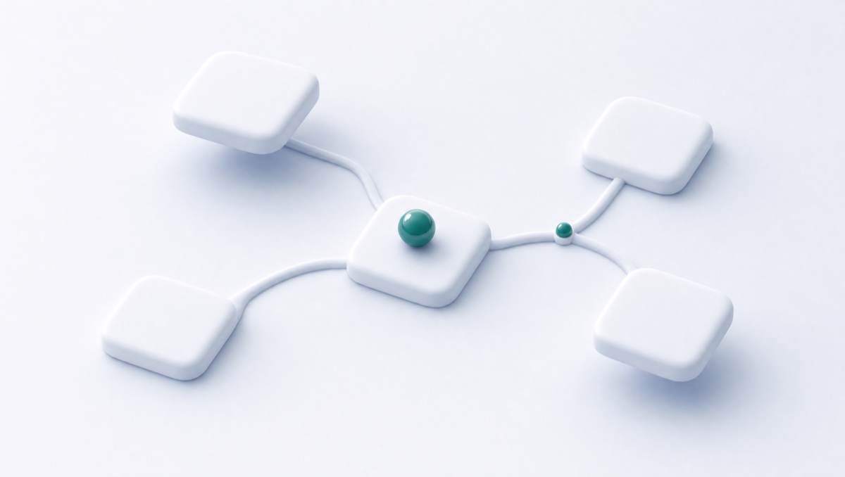 A soft white hub-and-spoke network of raised tiles connected by rounded channels, with a glossy teal orb at the hub