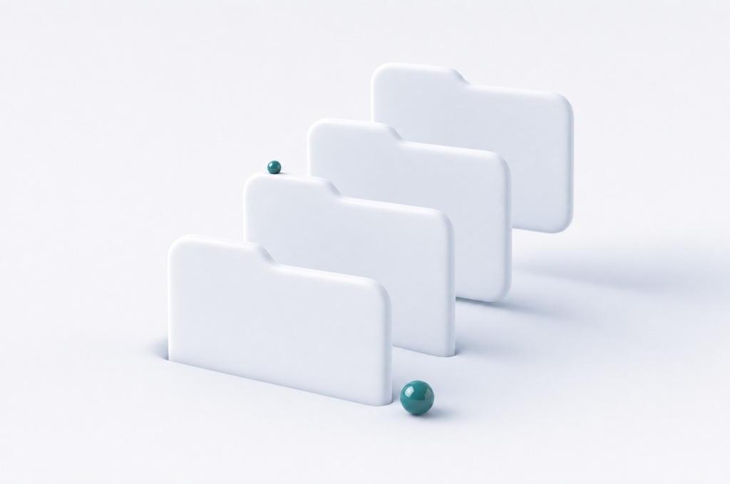 Four white folder tabs rising at staggered heights from slots in a soft surface, with two teal orbs