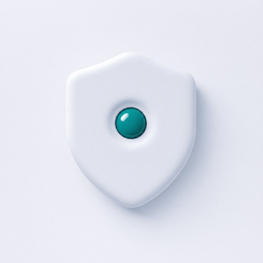 A pillowy white shield with a glossy teal gem set into its center